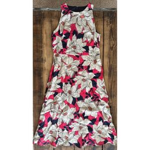 Ann Taylor Floral Linen Blend Midi Dress Pink Navy Cream Sleeveless Size 4
